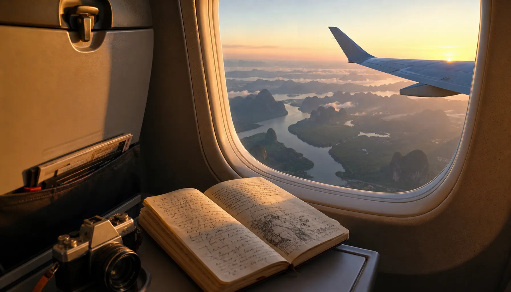 Dawn view from a window seat over a river delta, a journal and camera on the tray table.