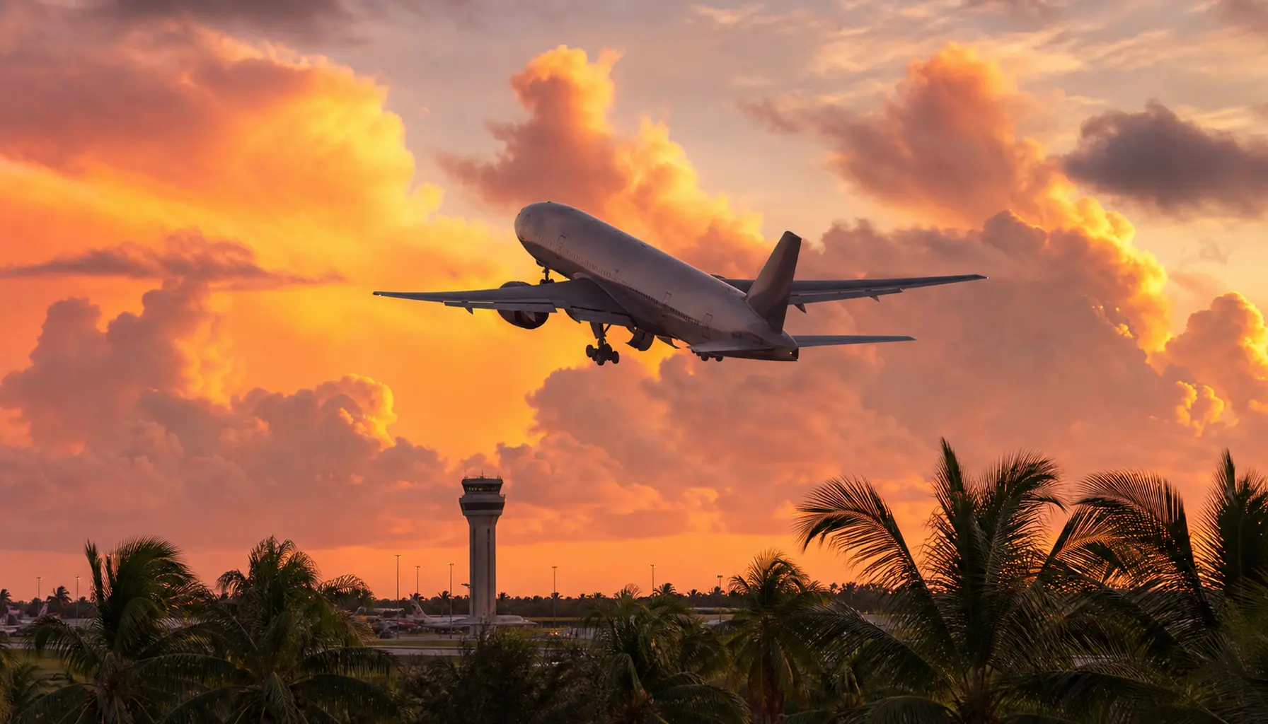 A widebody jet climbing from a palm-lined tropical runway into pink and gold monsoon clouds.