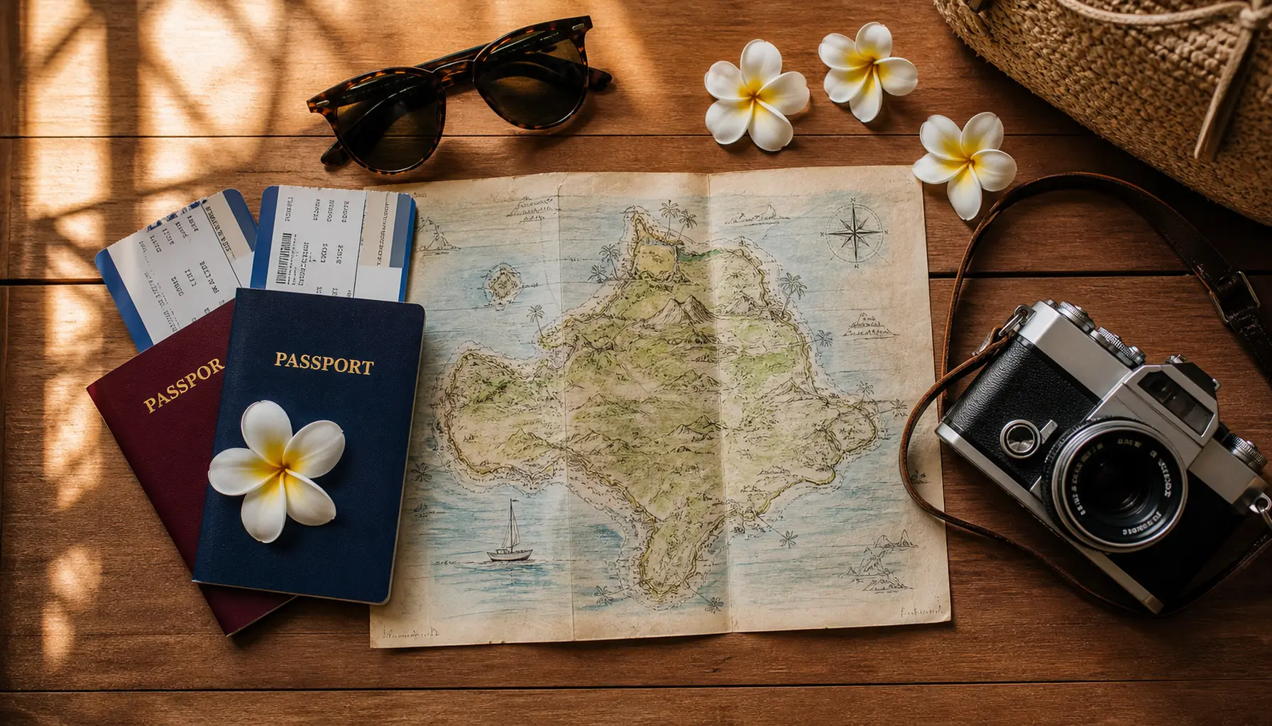 Flat-lay of passports, boarding passes, a hand-drawn map and camera on warm teak in morning light.