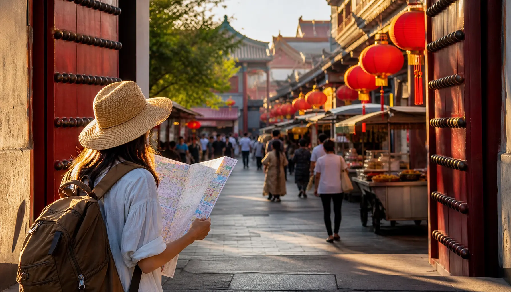 A traveler with a folded map pausing at a temple gate before a lantern-lit lane at golden hour.