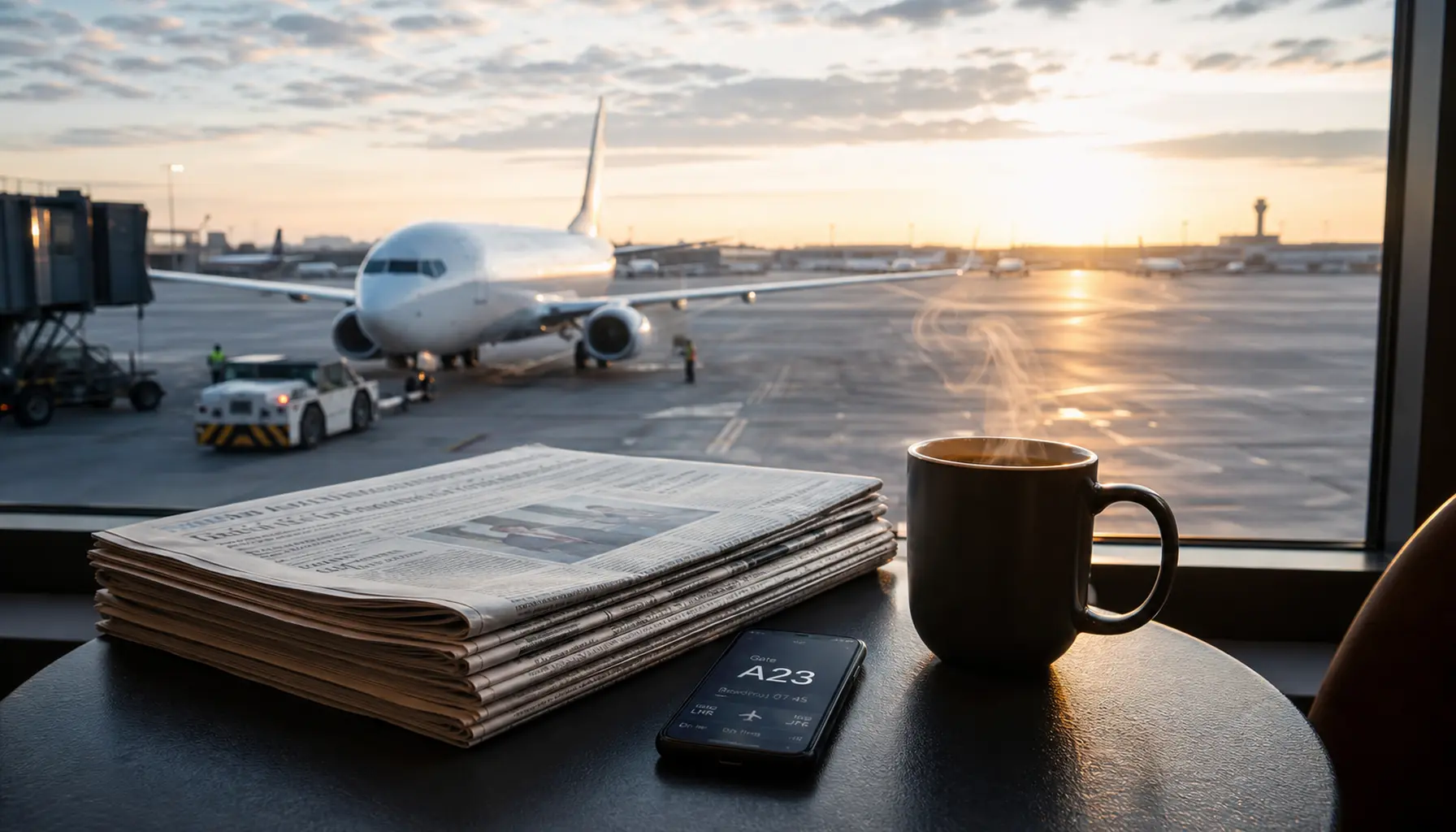 Newspapers and a phone on an airport cafe table, a jet pushing back outside in early light.