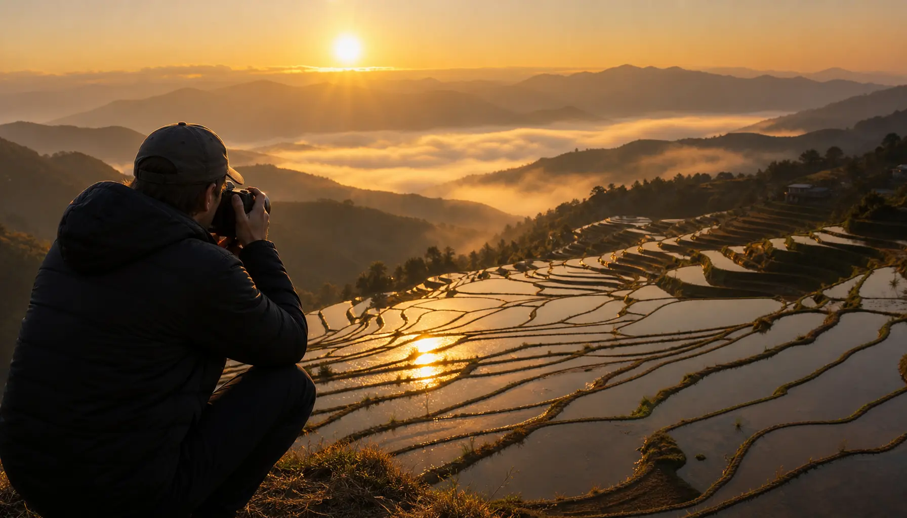 A photographer crouched at a terrace edge at sunrise, flooded paddies mirroring gold light below.
