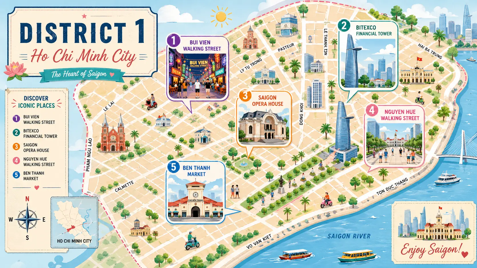 Tourist map of District 1 in Ho Chi Minh City &mdash; close-up of central landmarks and street layout