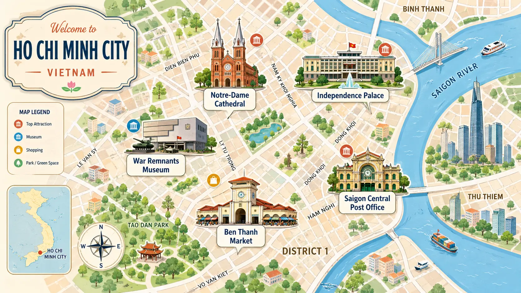 Tourist map of Ho Chi Minh City showing District 1 landmarks &mdash; Notre-Dame Cathedral, Reunification Palace, War Remnants Museum, Saigon Central Post Office, Ben Thanh Market