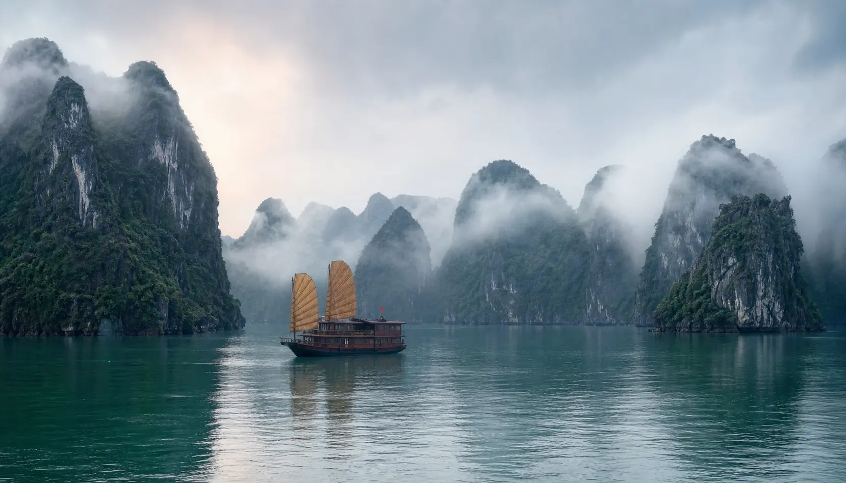 Limestone karsts rising from calm water in Halong Bay at first light