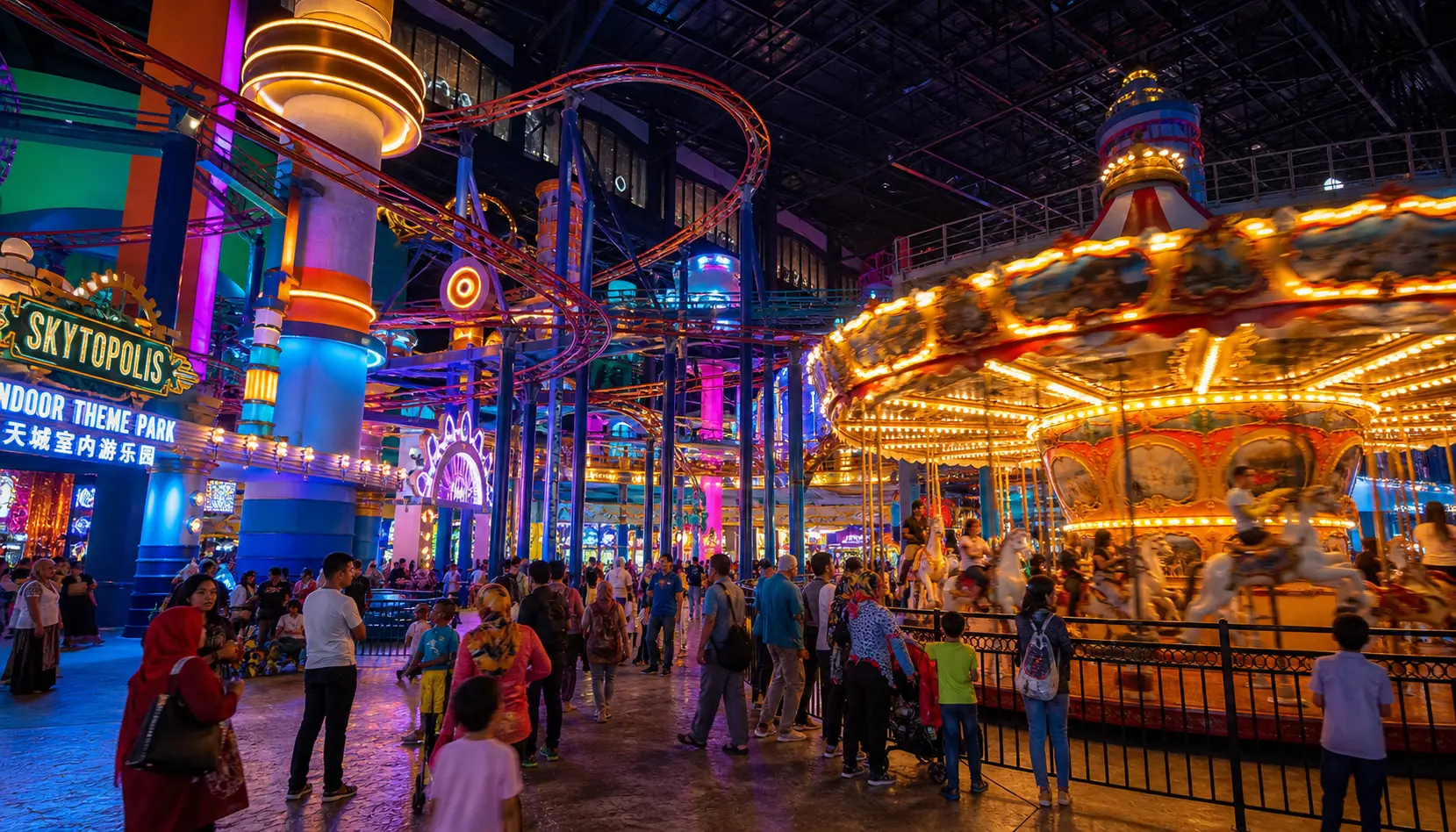 Neon lights of an indoor amusement park with carousel and coaster track