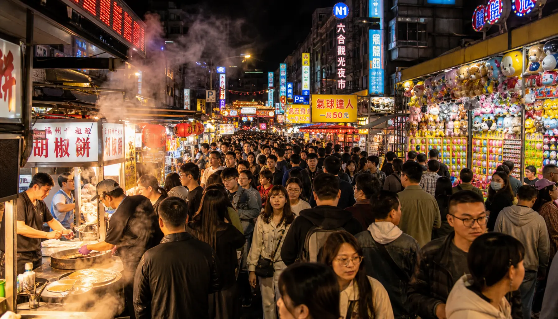 A lively Taipei night market glowing with food stalls and neon signs