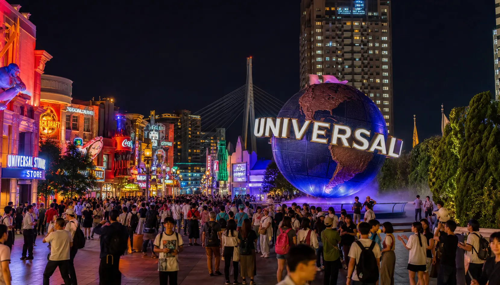 Theme park rides and lights in Osaka after dark