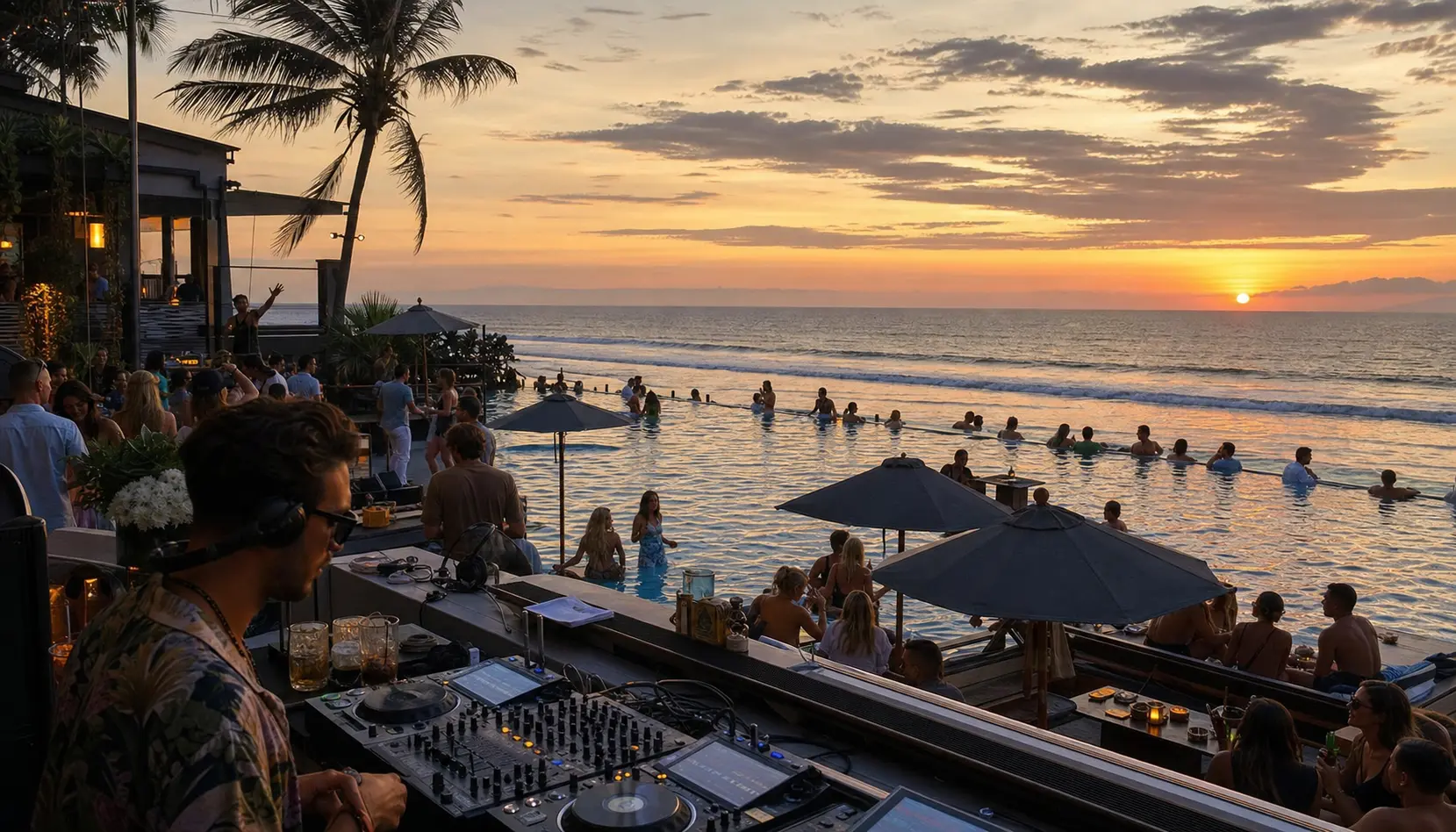Sunset crowd at a Bali beach club with pool and ocean beyond