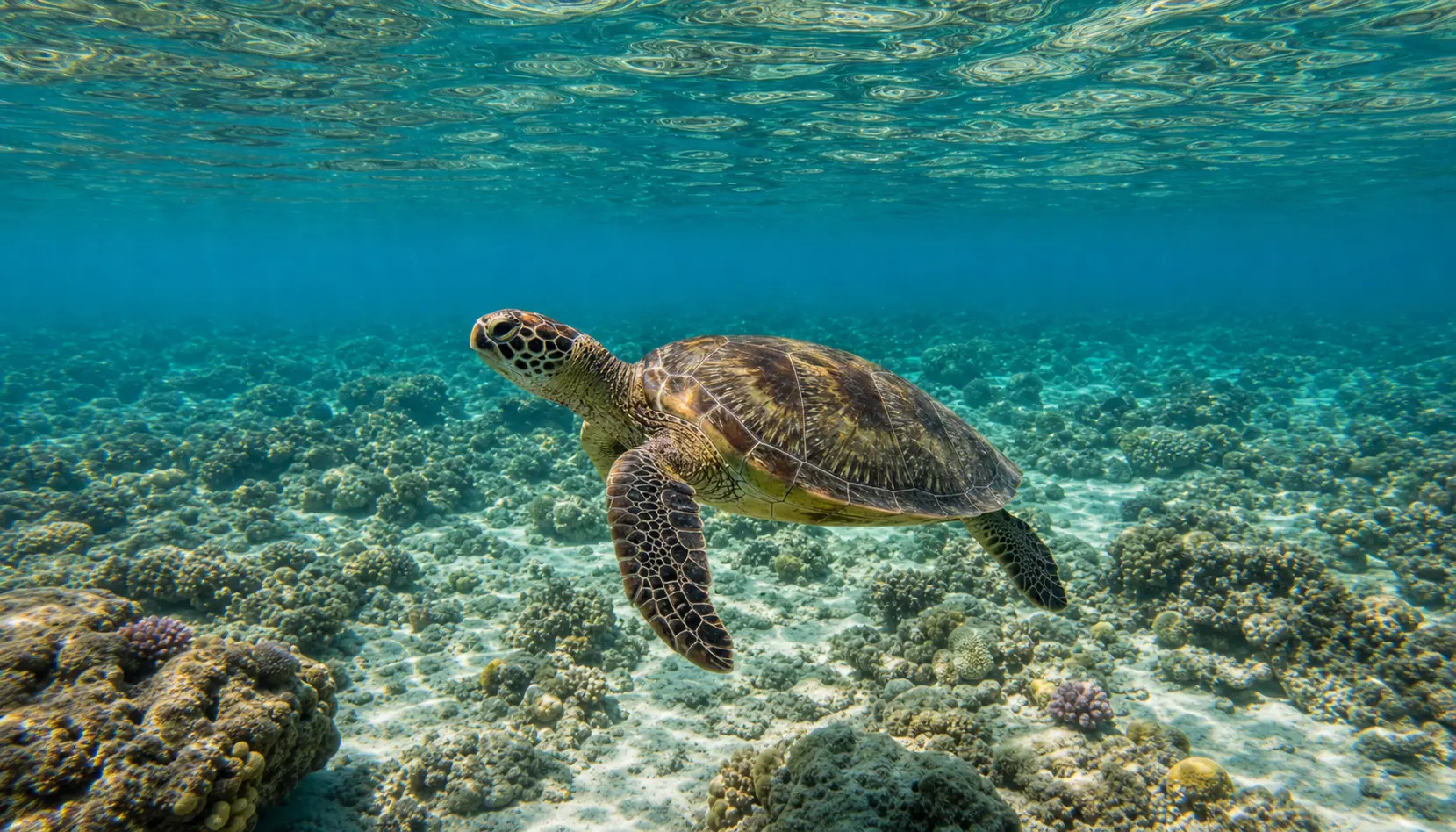 A green sea turtle gliding over coral off the Gili Islands