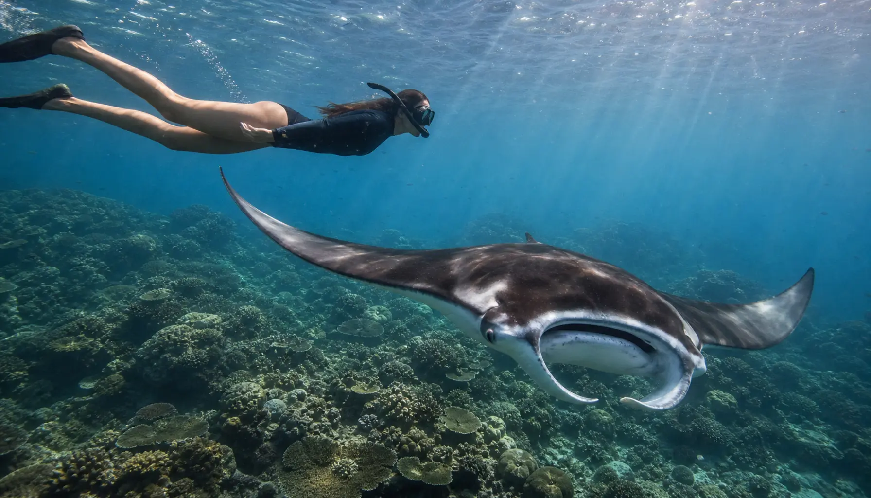 A manta ray sweeping through blue water in Komodo National Park