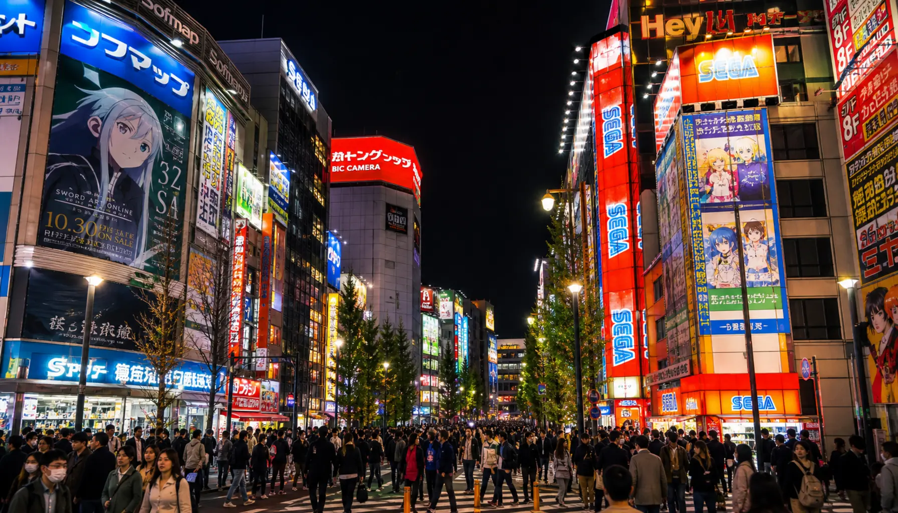 Akihabara's electric town ablaze with signage and screens at night