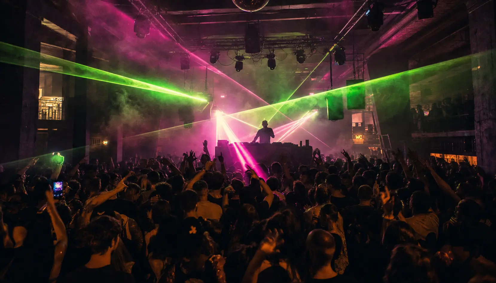 Neon-lit techno club interior with a packed dance floor