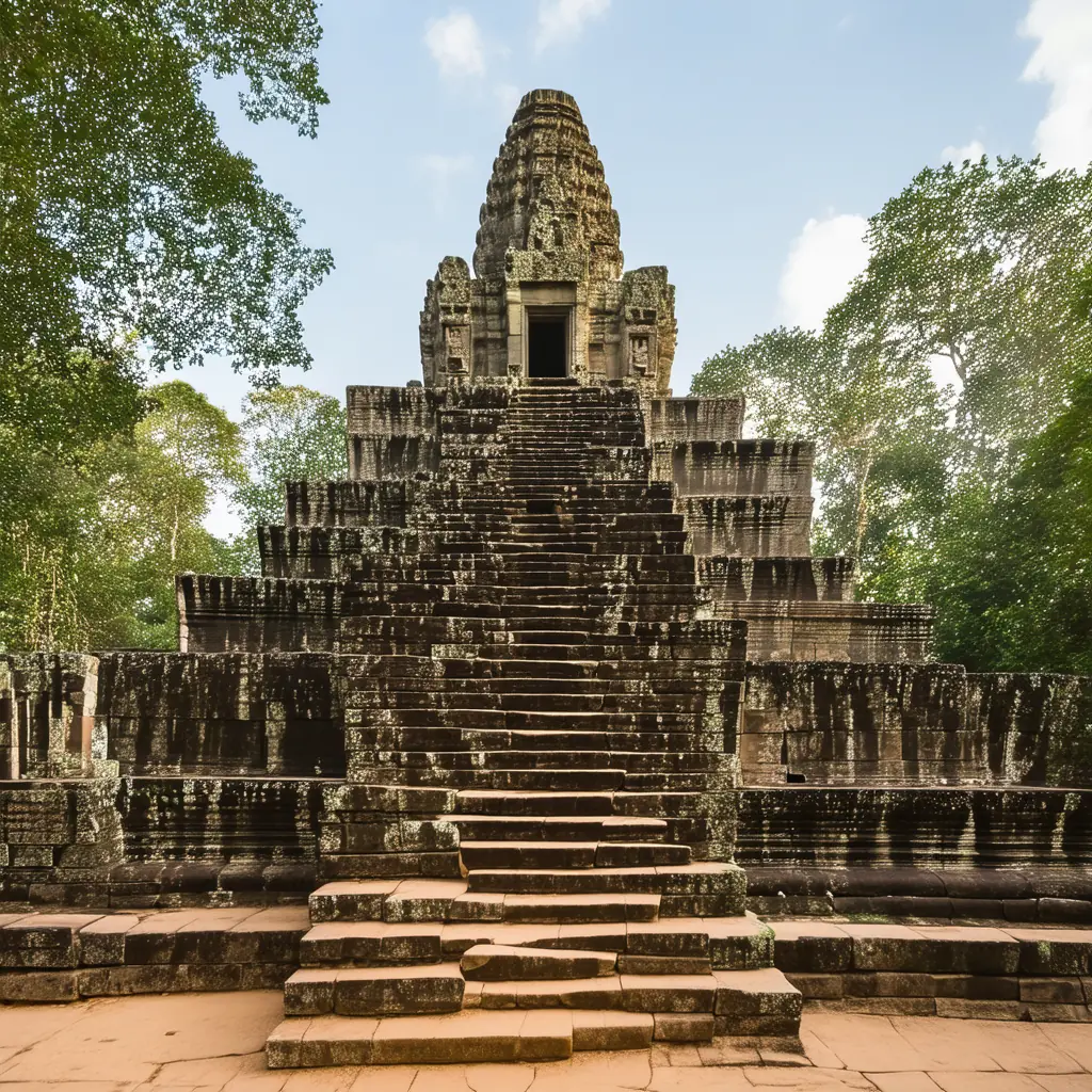 Ta Keo unfinished pyramid temple rising starkly from the surrounding jungle, soft morning light raking the steep stone steps