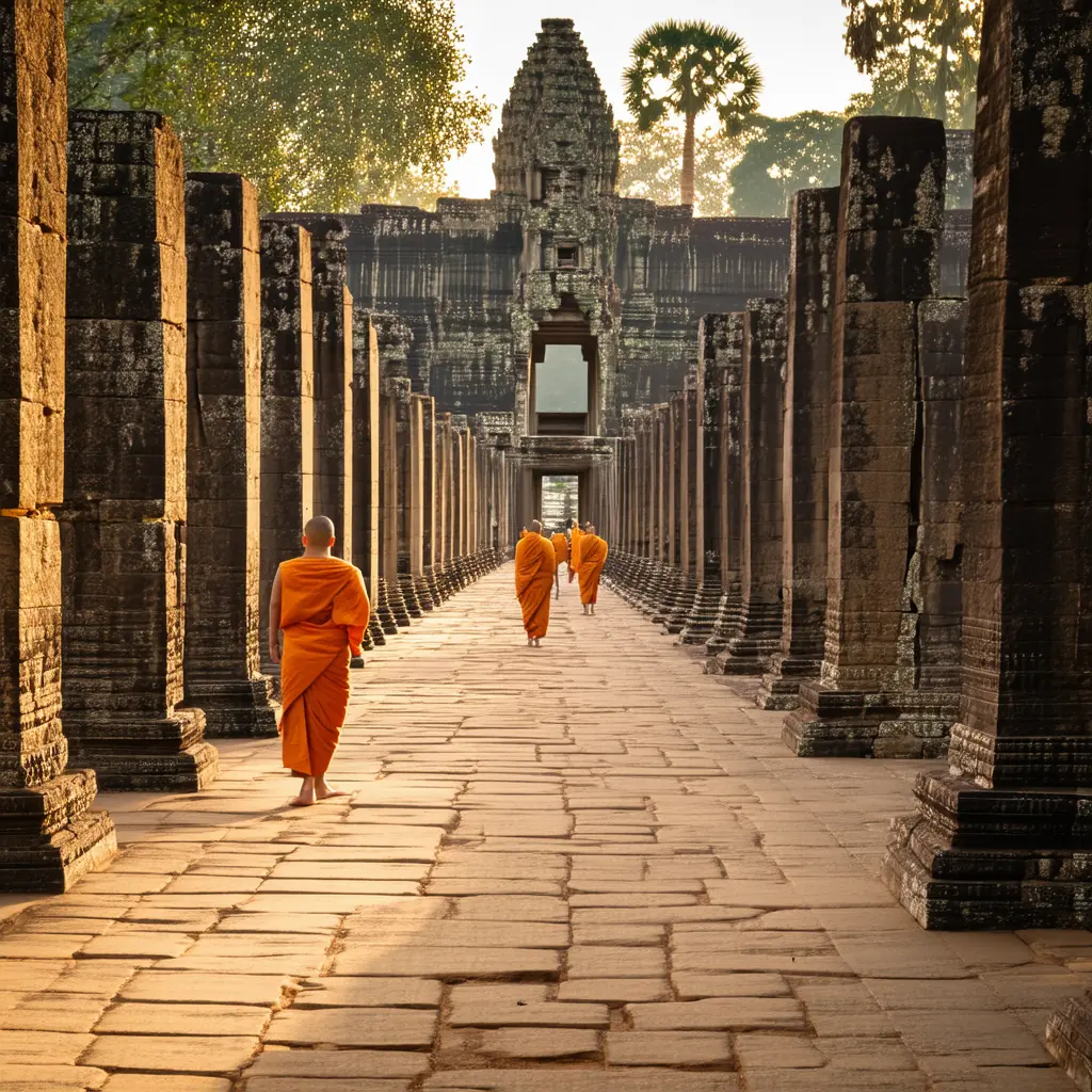 Long stone gallery of the Angkor Wat west causeway leading toward the central towers, golden afternoon light raking across carved sandstone, monks in saffron robes walking past