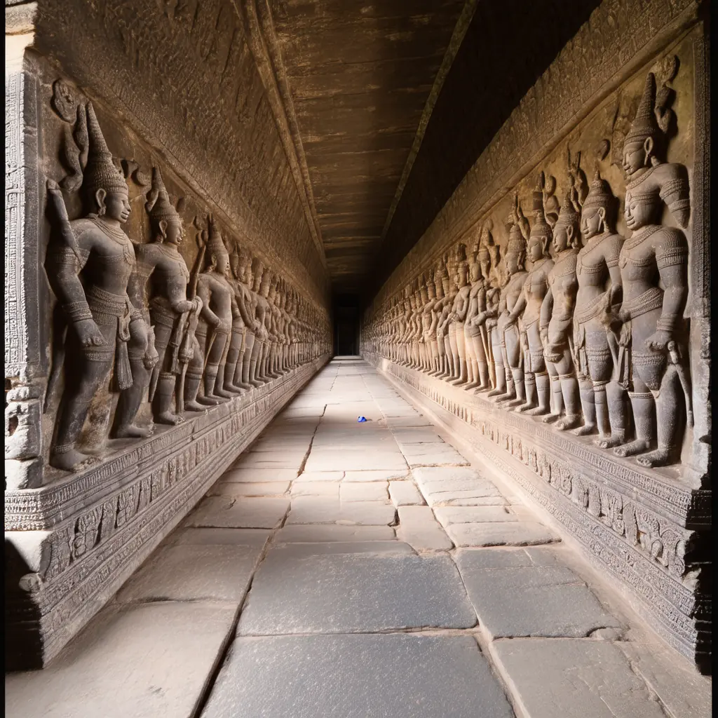 Intricate carvings of the Churning of the Sea of Milk along a long stone corridor at Angkor Wat, dappled light through the columns on weathered sandstone