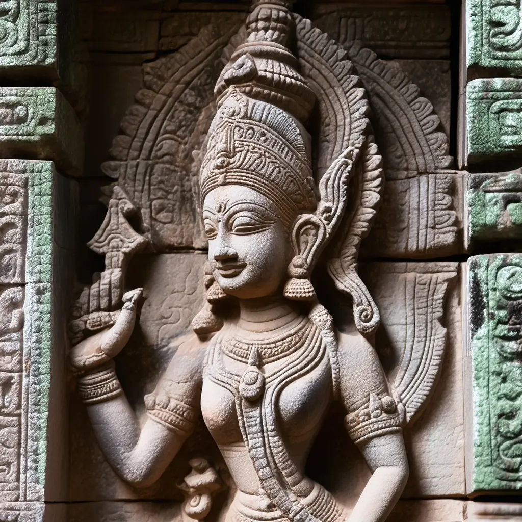 Apsara dancer carved into the wall of Angkor Wat, soft side light revealing the intricate detail of the celestial dancer's jewelry and headdress