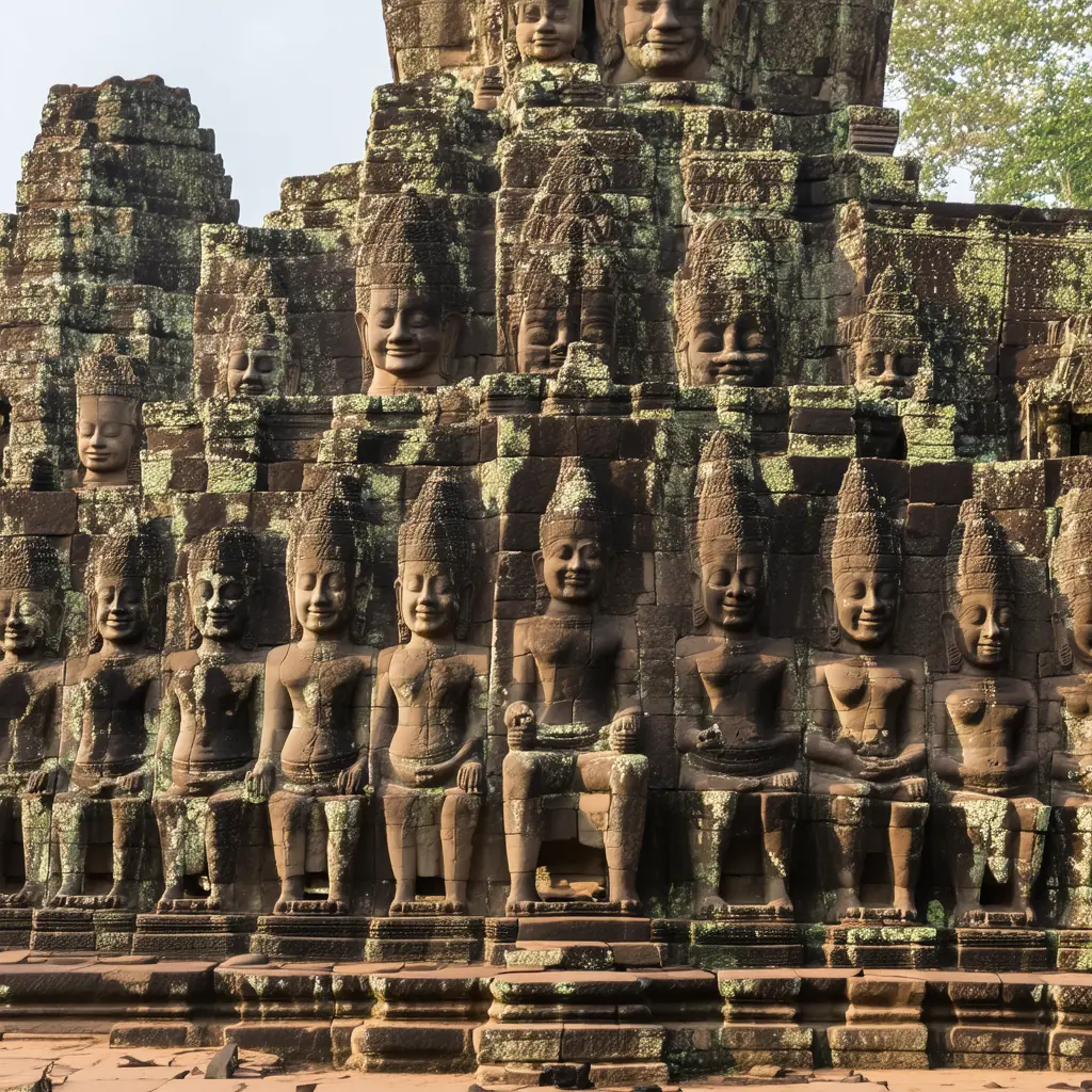 Bayon temple at dawn with dozens of serene smiling stone faces emerging from the towers, soft morning mist between the spires and golden first light