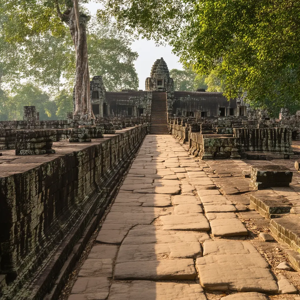 Long elevated sandstone walkway of the Baphuon causeway in Angkor Thom, late afternoon shadows pooling on the stones with the pyramid temple ahead