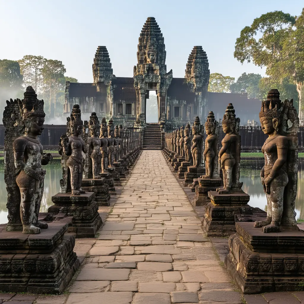 South Gate of Angkor Thom at dawn, stone causeway lined with statues of gods and demons leading to the towering four-faced gate, mist hovering over the moat