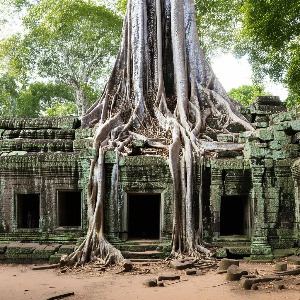 Massive silk-cotton tree roots engulfing the crumbling stone walls of Ta Prohm temple, dappled jungle light filtering through the dense canopy