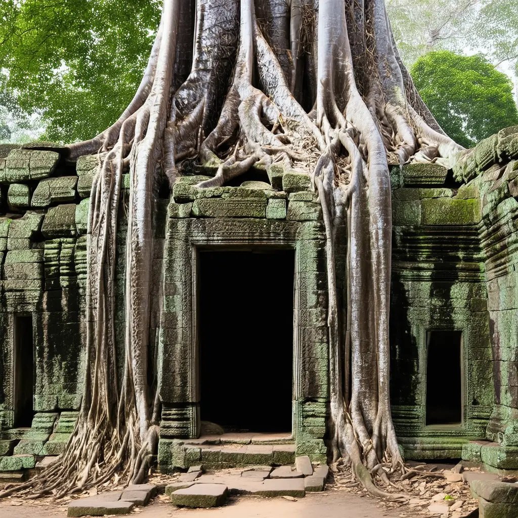 Ancient stone doorway at Ta Prohm swallowed by enormous strangler-fig roots, moss-covered weathered ruins in atmospheric green jungle light