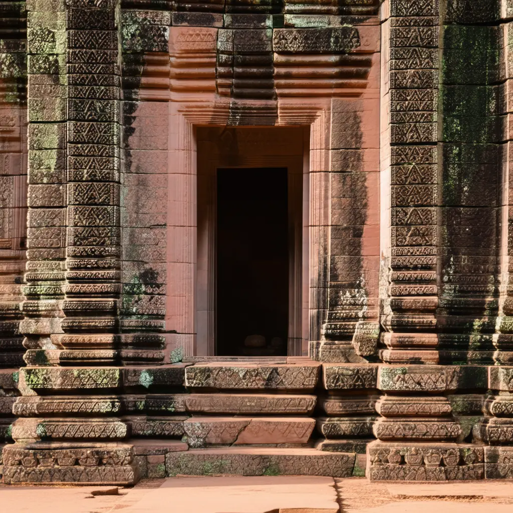 Banteay Srei temple in late afternoon, the pink sandstone shrine famed for the most intricate carvings in the Angkor region, warm light bringing out the rose tones