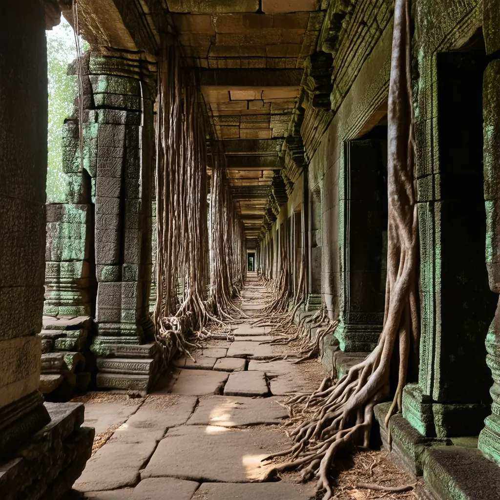 Long stone gallery of Preah Khan with collapsed roof and fig roots pushing through the walls, shafts of sunlight piercing the gloom