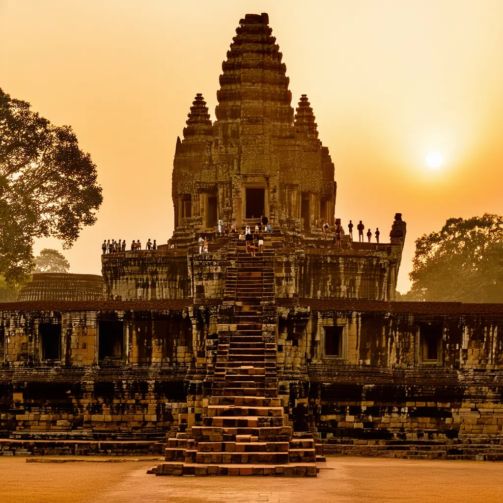 Pre Rup brick-and-laterite pyramid temple bathed in fiery orange sunset light, visitors silhouetted on the upper terraces