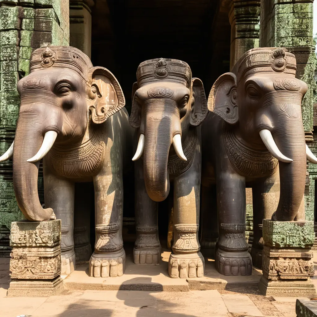 Life-size carved stone elephant guardians at the corners of the laterite East Mebon temple platform, late afternoon golden light
