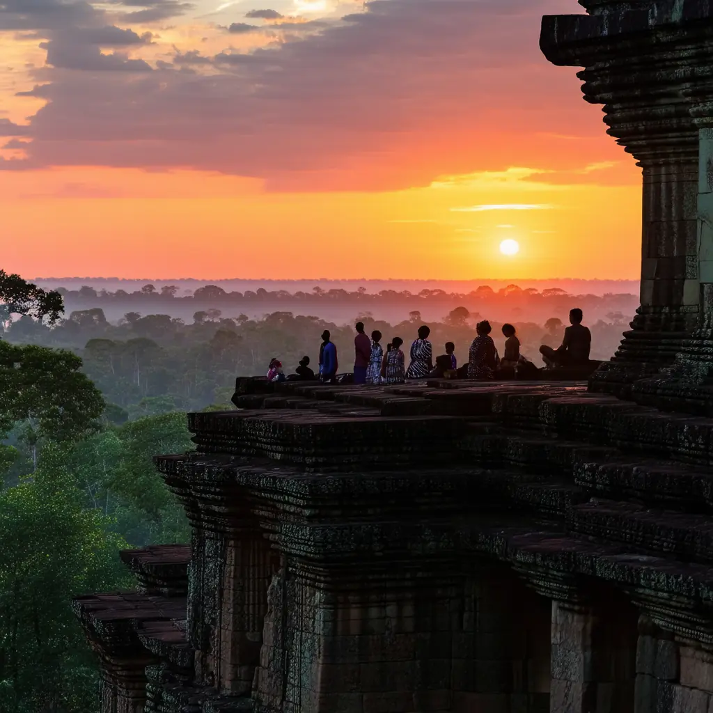 Visitors silhouetted on the elevated stone terrace of Phnom Bakheng at sunset, Angkor Wat visible far below in the jungle under a fiery sky