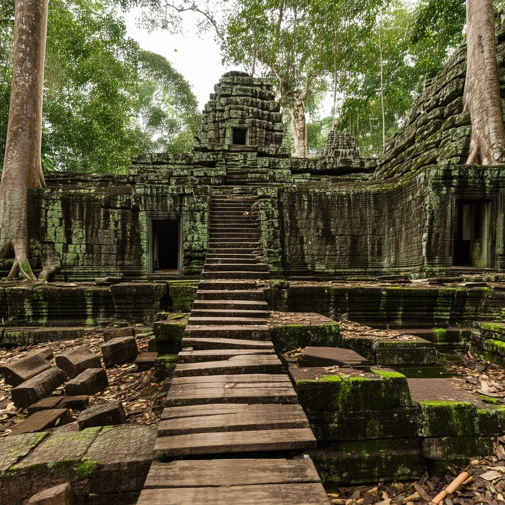 Vast unrestored Beng Mealea temple complex consumed by jungle, fallen sandstone blocks covered in moss and wooden walkways winding through the chaos