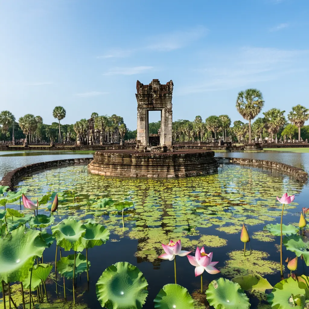 Circular stone shrine of Neak Pean island temple at the centre of a square pond, calm water reflecting the temple with lotus blossoms in the foreground
