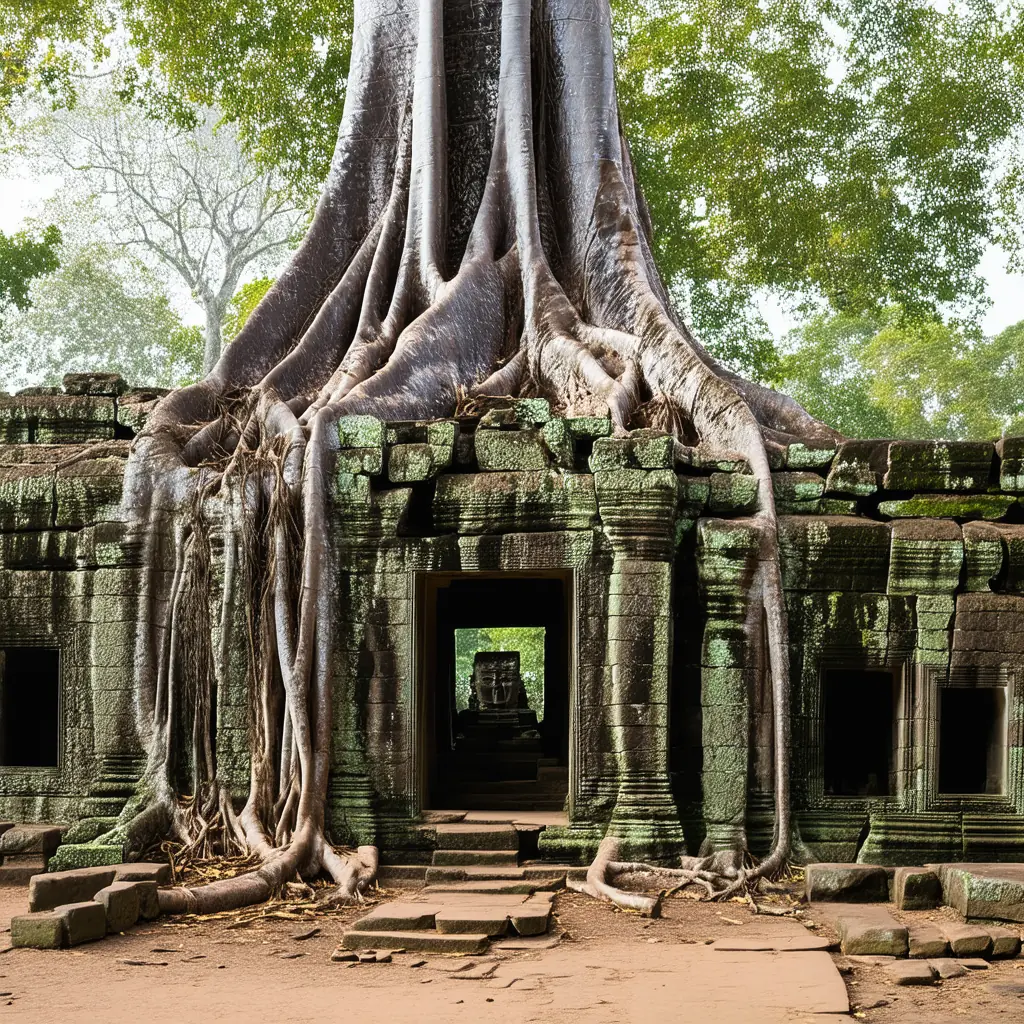 Four-faced stone tower of the Ta Som east gateway being slowly devoured by the roots of a huge fig tree, soft afternoon light in the jungle