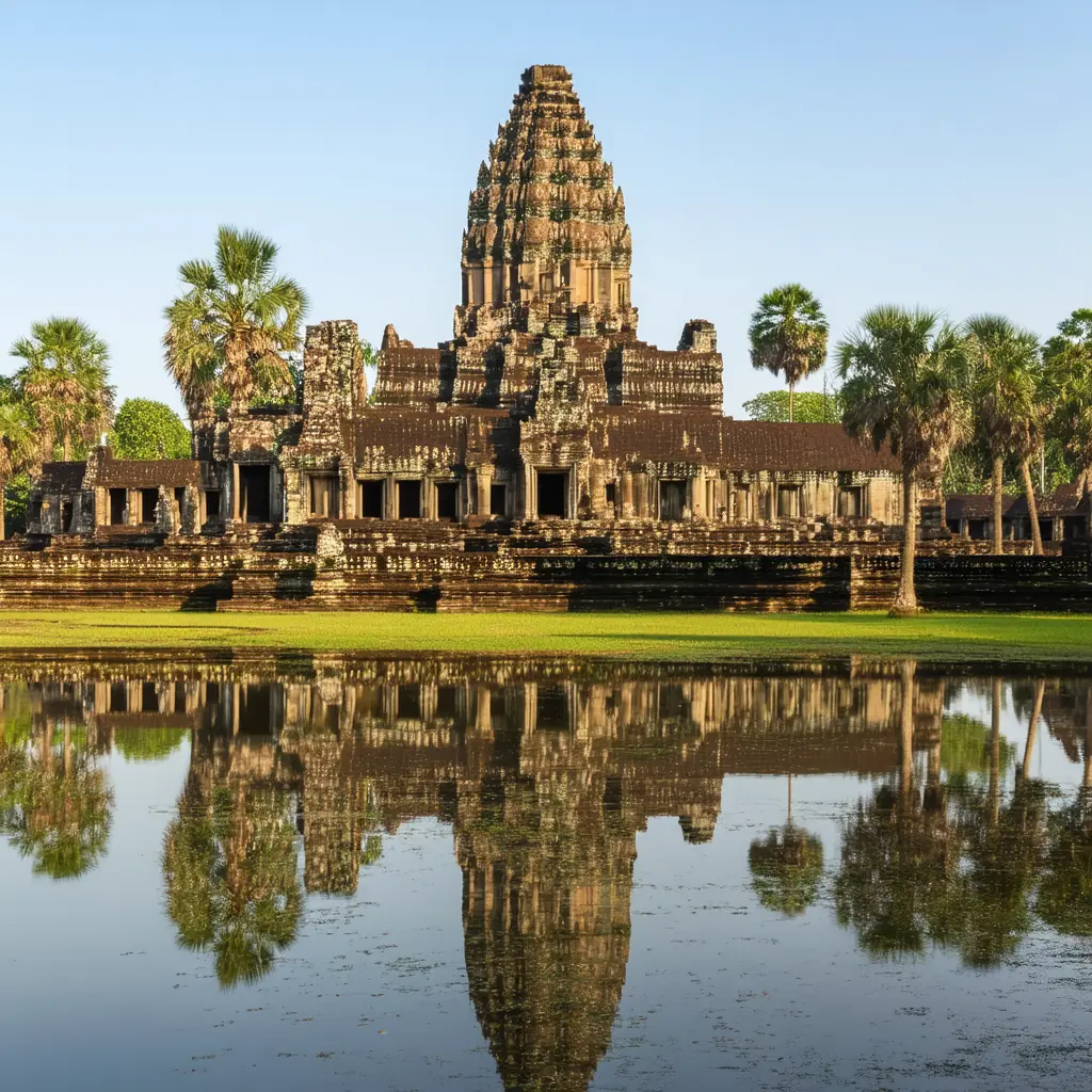 Stepped sandstone pyramid of Bakong temple at the Roluos group surrounded by a green moat and palm trees in soft morning light