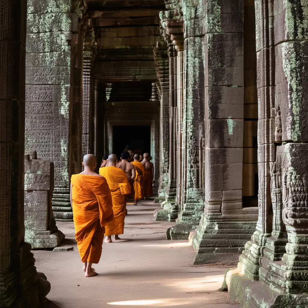 Weathered stone gallery of the Banteay Kdei monastic complex with apsara carvings, monks in saffron robes walking past in dappled morning sunlight