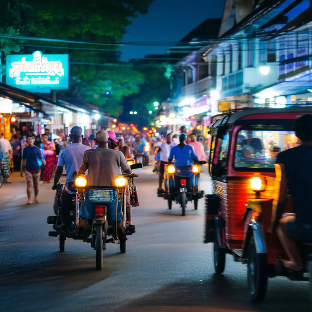 Pub Street in Siem Reap at night with neon signs and crowded outdoor bars, tuk-tuks passing in a blur, warm lantern light over the pedestrian street