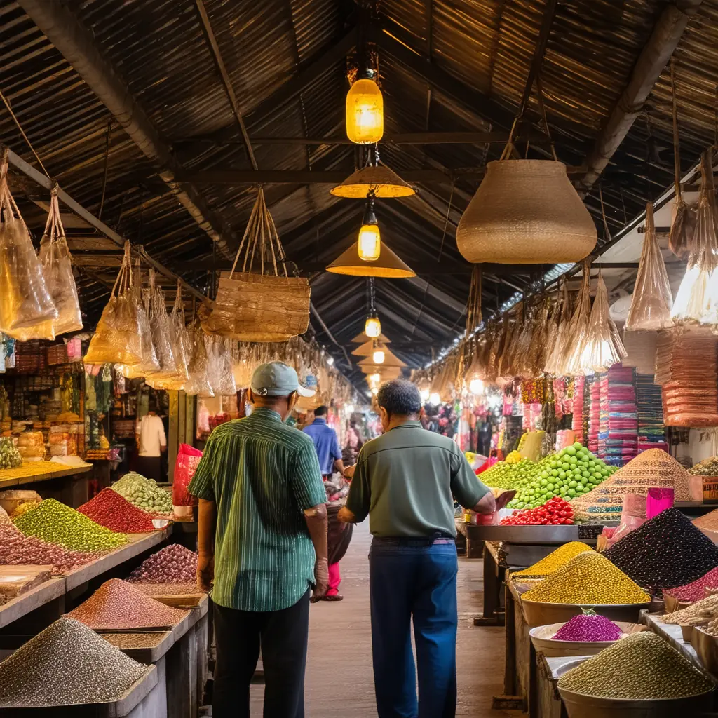Narrow aisles of Psar Chas Old Market in Siem Reap packed with stalls of silk, spices and fresh produce, vendors arranging goods in warm overhead light