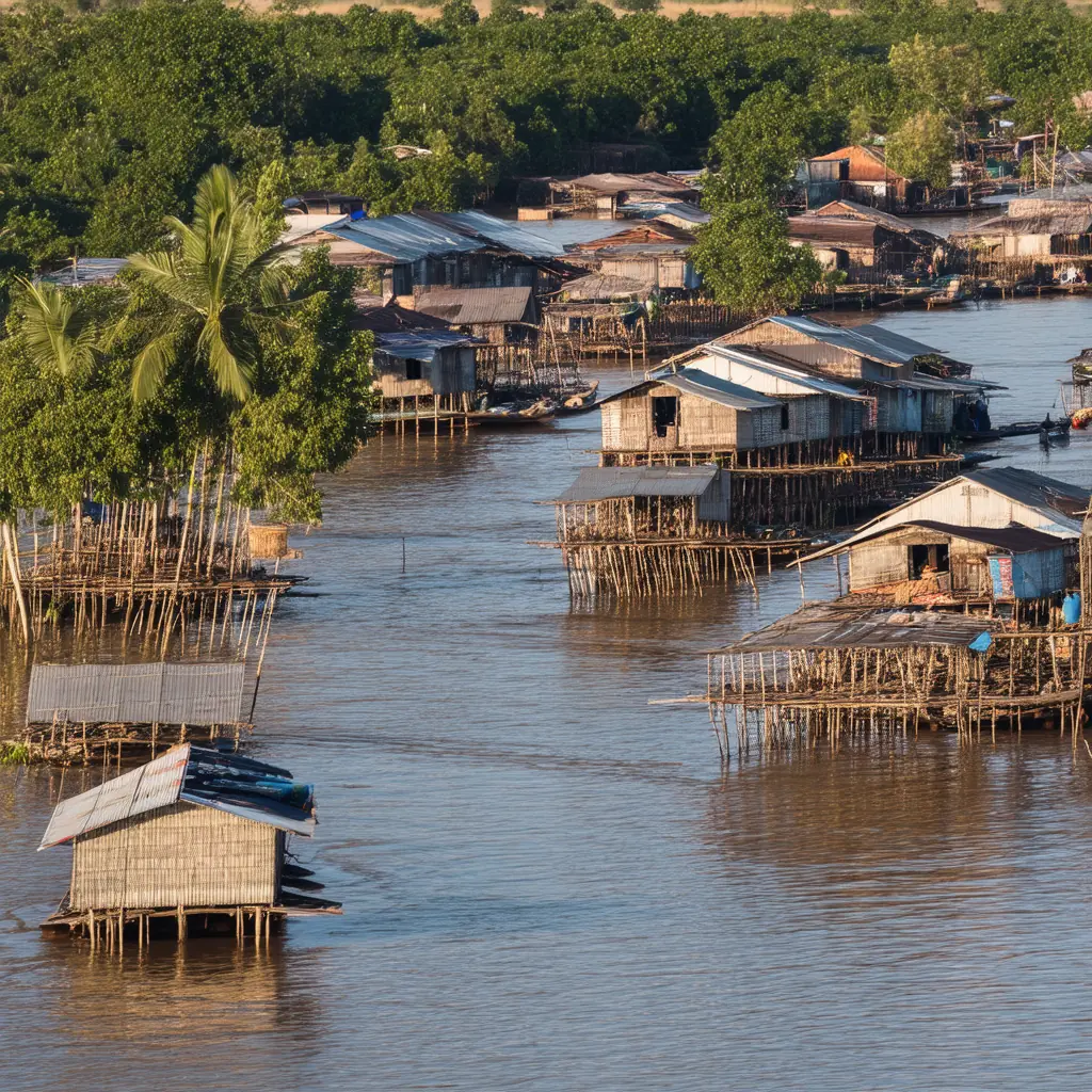 Wooden stilted houses rising twenty metres above the dry-season ground at Kampong Phluk floating village, narrow waterways between them in late afternoon light
