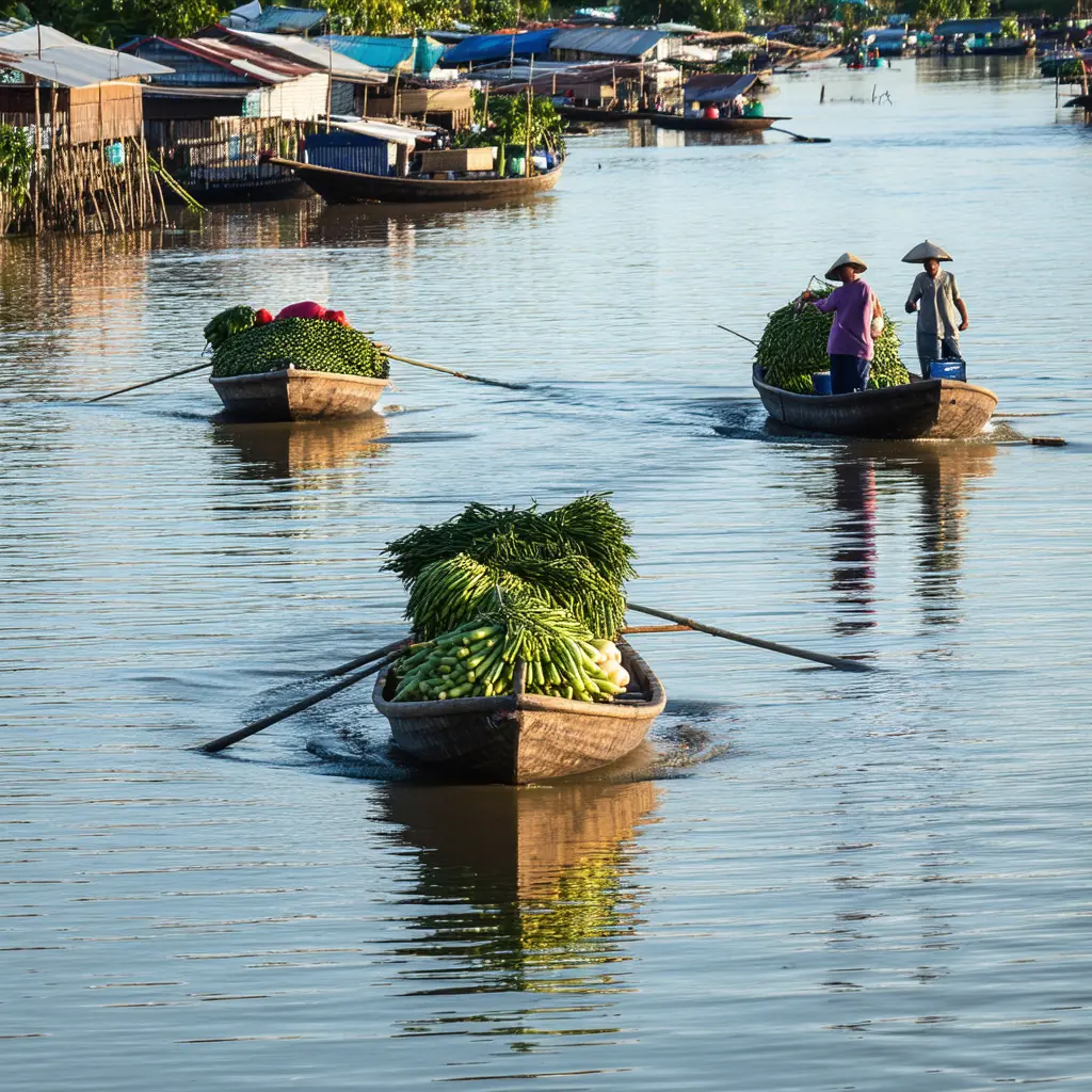 Wooden boats laden with vegetables and fish gliding past floating houses at Chong Kneas market on Tonle Sap, warm afternoon light on the calm lake