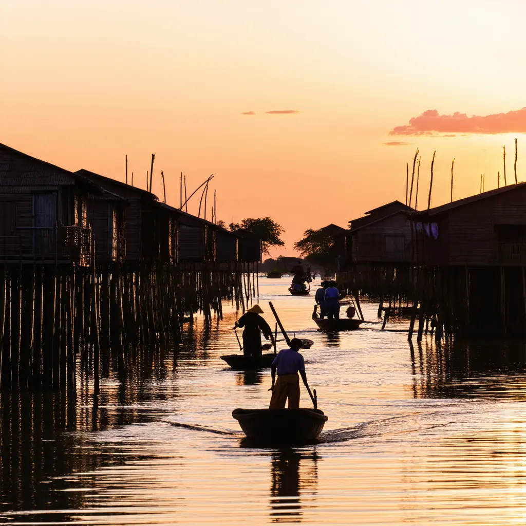 Wooden houses on tall stilts at Kampong Khleang silhouetted against a deep orange sunset sky, fishermen returning home in narrow boats