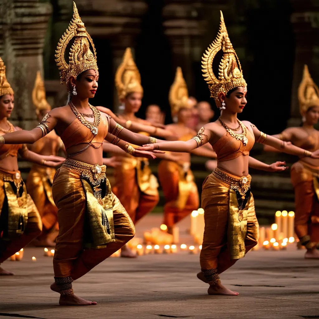 Apsara dance performance in Siem Reap, dancers in elaborate gold headdresses and silk costumes performing slow ceremonial movements on a candle-lit stage