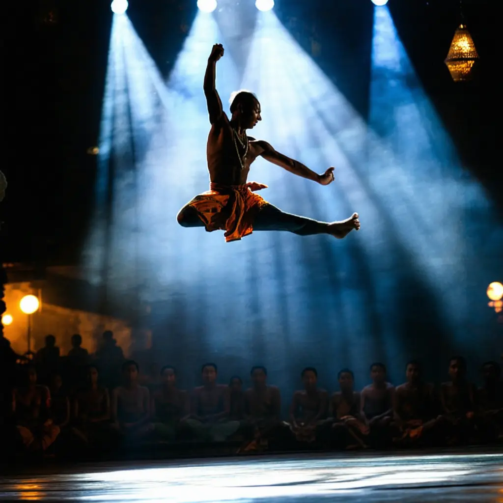 Phare Cambodian Circus performer in Siem Reap, an acrobat mid-leap under warm stage lights with the audience visible in shadow