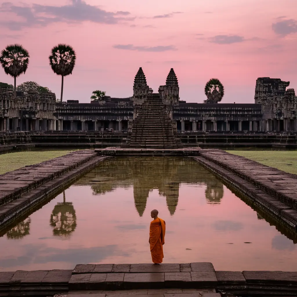 Sras Srang royal bathing pool at dawn, the stone-lined ceremonial reservoir mirroring a pink sky with a lone monk on the steps