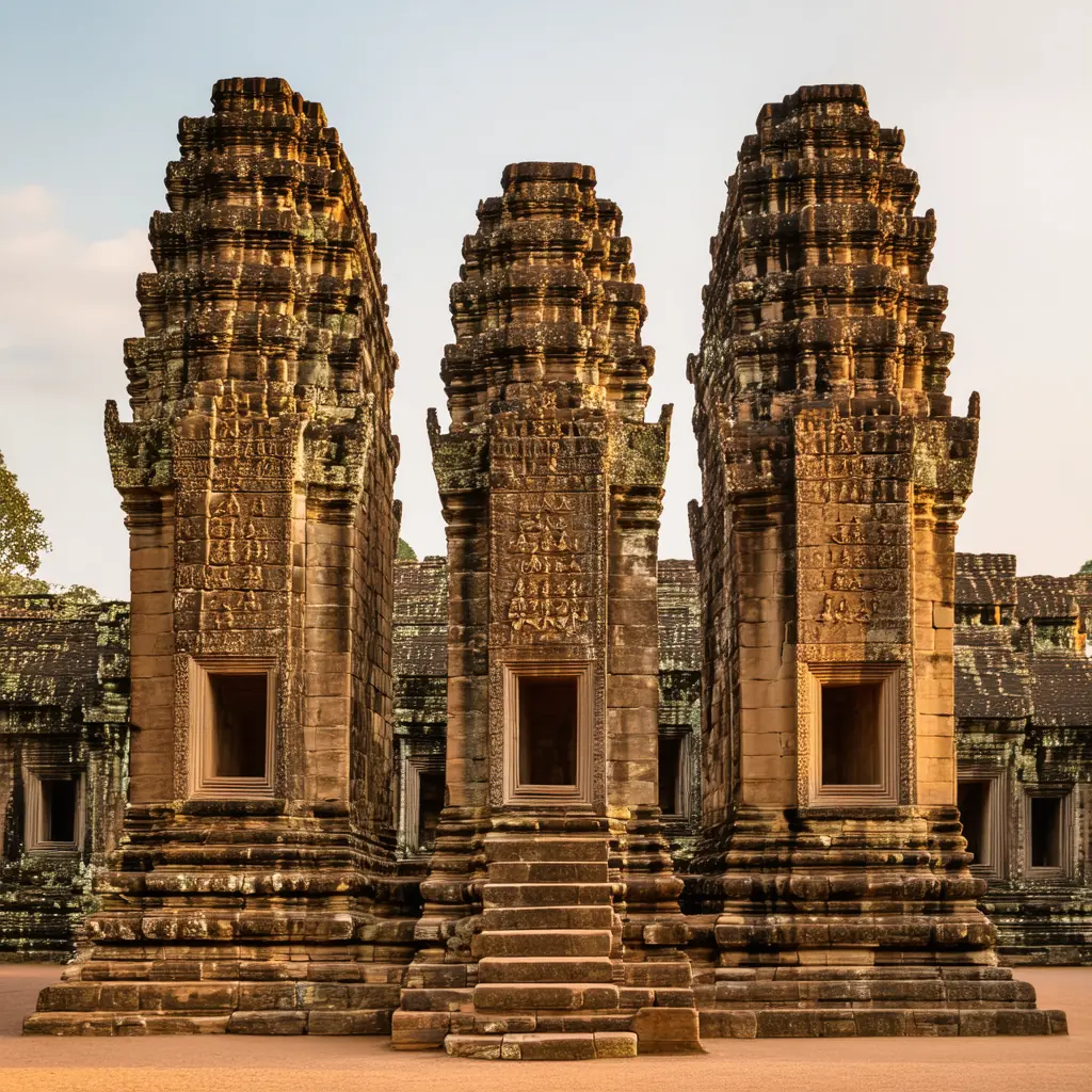 Three brick towers of Preah Ko at the Roluos group with sandstone lintels carved with deities, golden-hour light