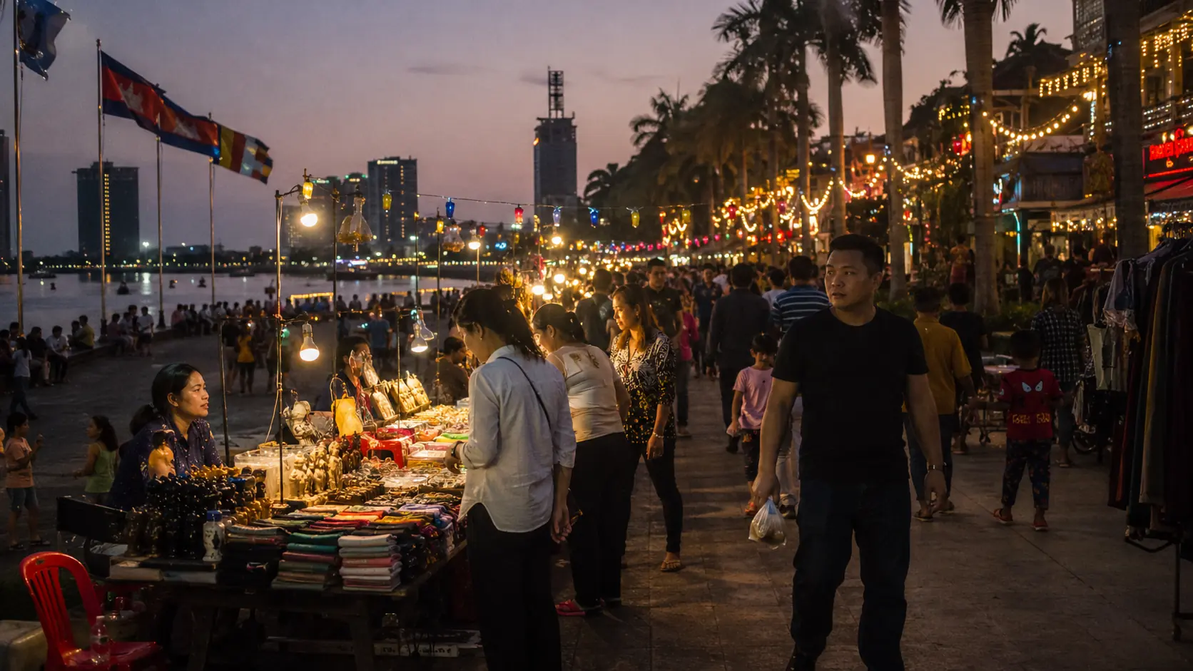 Phnom Penh night market with rows of food and souvenir stalls under string lights, vendors and shoppers moving through the warm lantern glow
