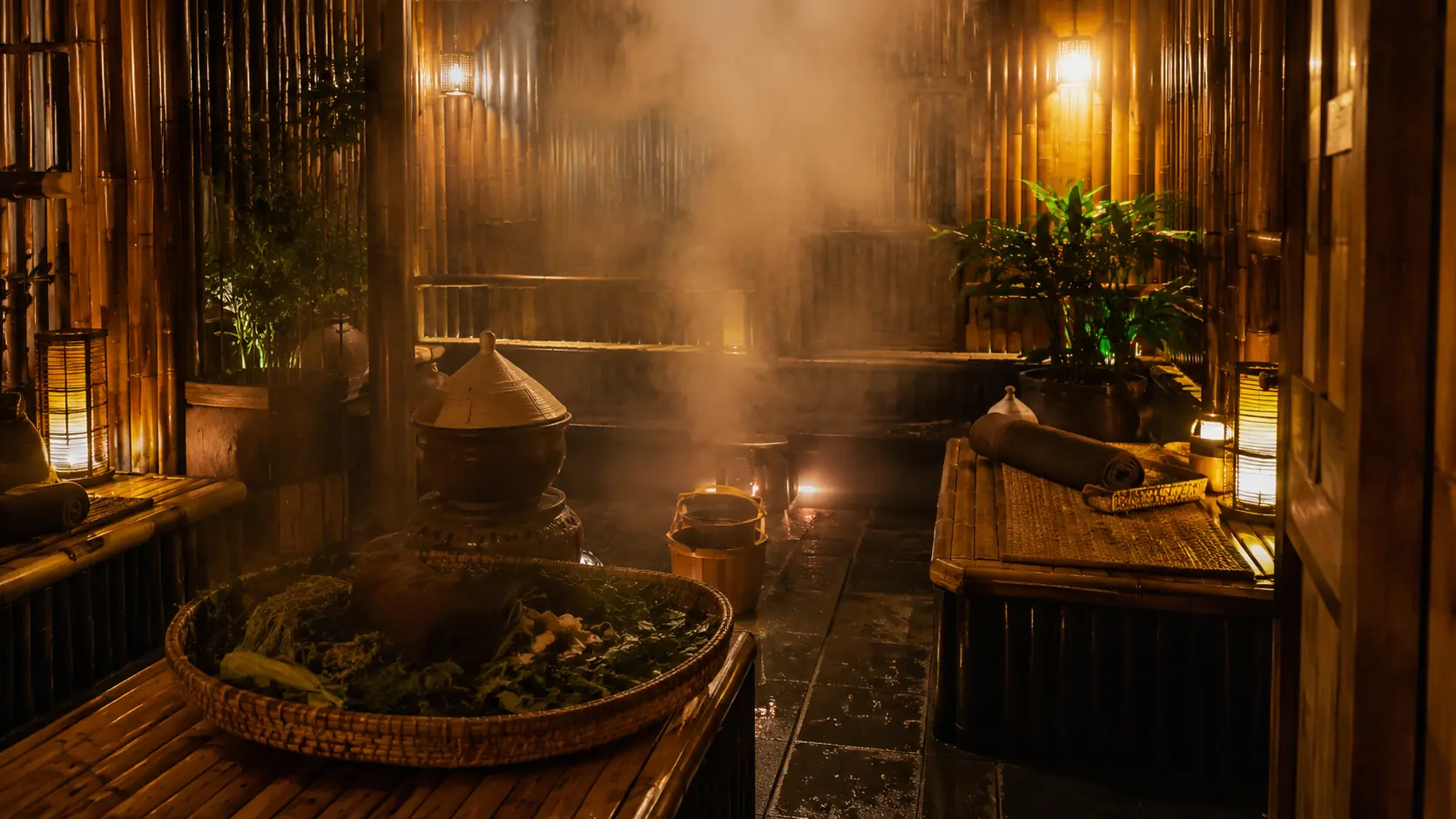 Khmer herbal steam bath with a copper pot steaming on coals in a bamboo-walled room, lanterns glowing and a tray of medicinal herbs in the foreground