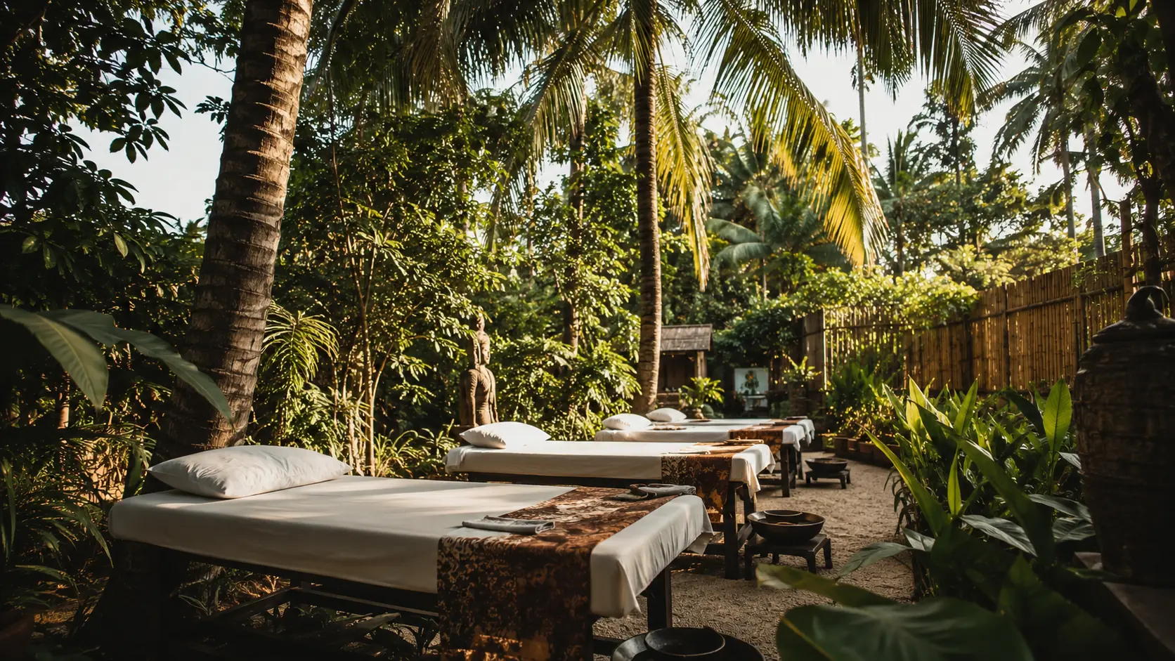 Open-air spa garden with stone massage pavilions set among tropical greenery, lily ponds and lanterns hung from the eaves