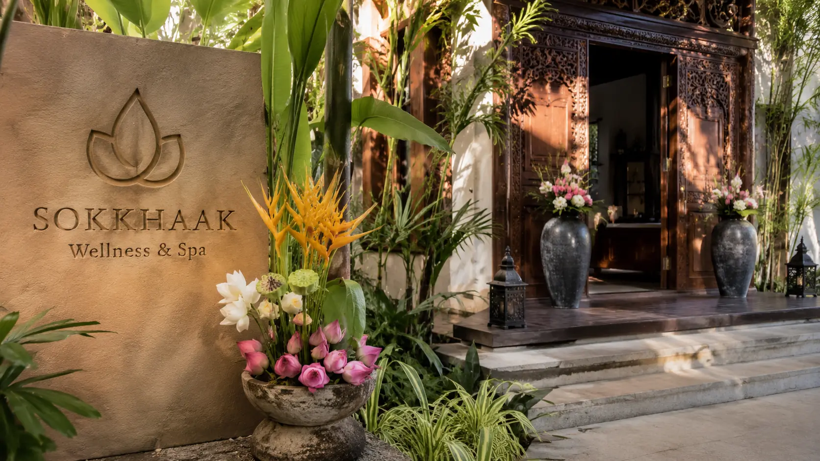Khmer wellness-spa entrance with carved-wood doors, lotus flowers floating in stone urns and warm lanterns lighting the threshold