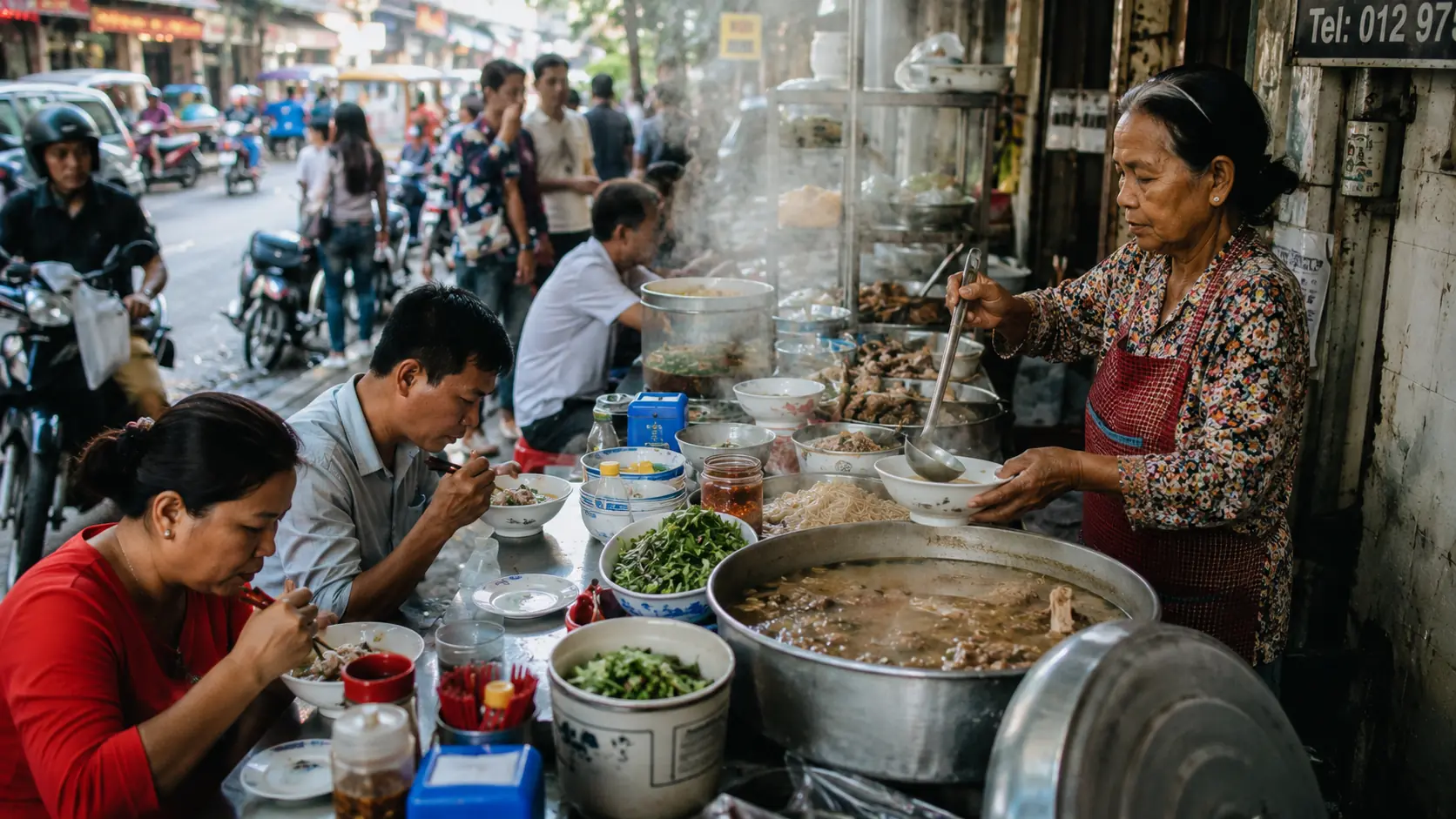 Noodle-soup street stall in Phnom Penh with a vendor ladling kuy teav broth over rice noodles, customers seated on plastic stools beside